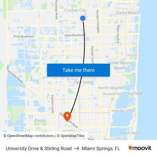 University Drive & Stirling Road to Miami Springs, FL map