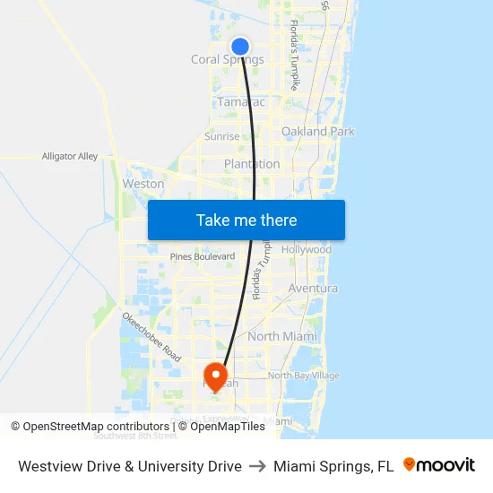 Westview Drive & University Drive to Miami Springs, FL map