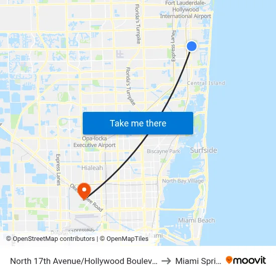 North 17th Avenue/Hollywood Boulevard - (Young Circle) to Miami Springs, FL map