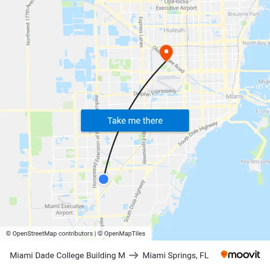Miami Dade College Building M to Miami Springs, FL map