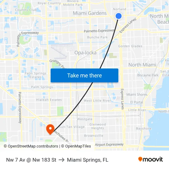 Nw 7 Av @ Nw 183 St to Miami Springs, FL map