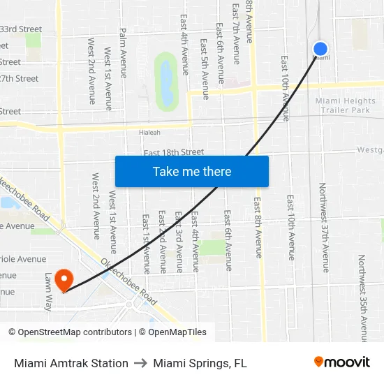 Miami Amtrak Station to Miami Springs, FL map
