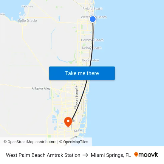 West Palm Beach Amtrak Station to Miami Springs, FL map