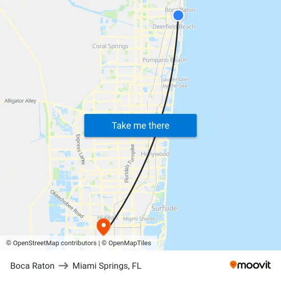 Boca Raton to Miami Springs, FL map