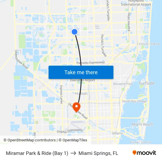 Miramar Park & Ride (Bay 1) to Miami Springs, FL map