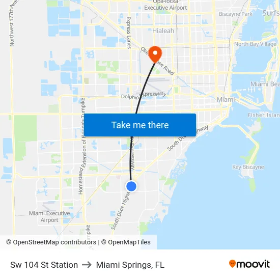 Sw 104 St Station to Miami Springs, FL map