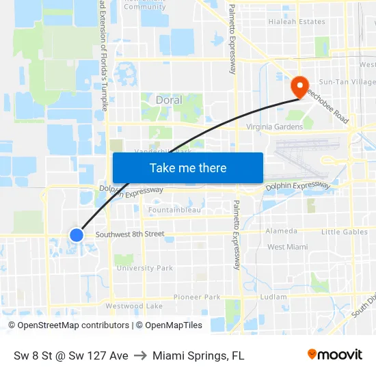 Sw 8 St @ Sw 127 Ave to Miami Springs, FL map