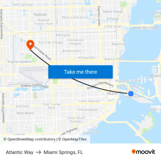 Atlantic Way to Miami Springs, FL map