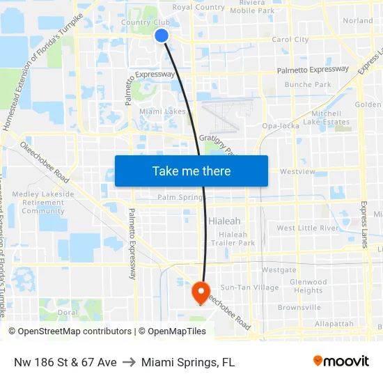 Nw 186 St & 67 Ave to Miami Springs, FL map
