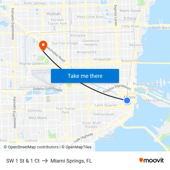 SW 1 St & 1 Ct to Miami Springs, FL map