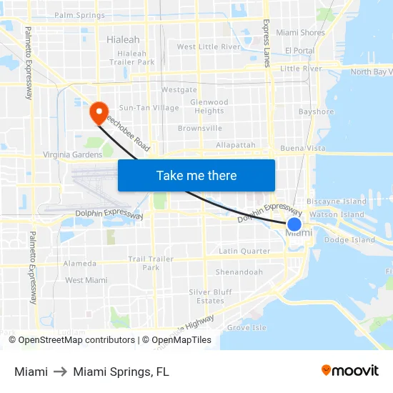 Miami to Miami Springs, FL map