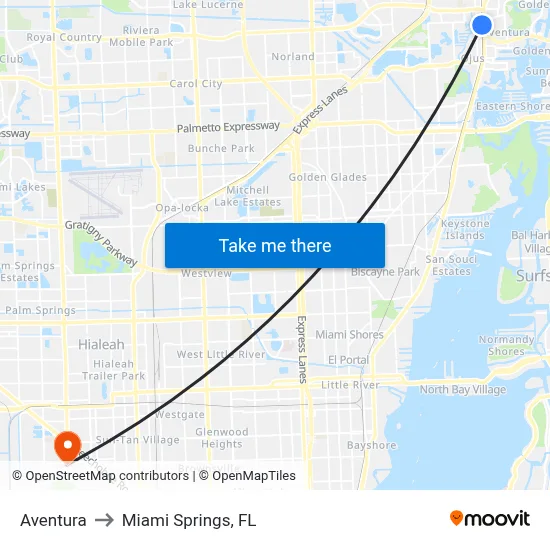 Aventura to Miami Springs, FL map