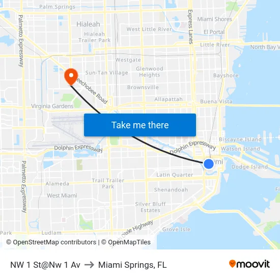 NW 1 St@Nw 1 Av to Miami Springs, FL map