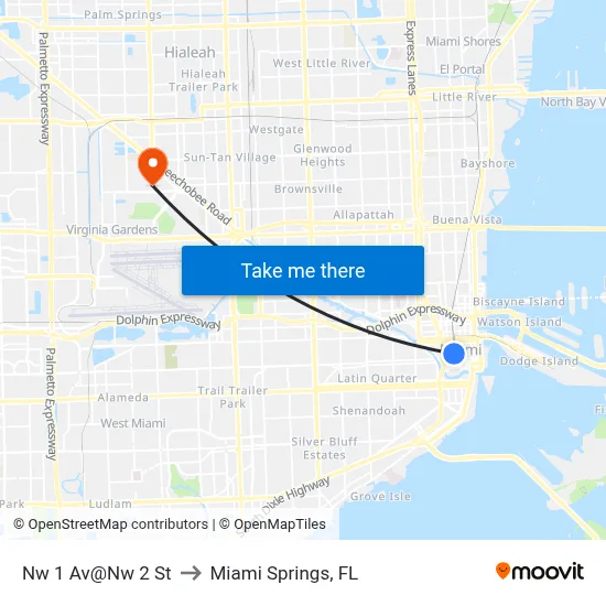 Nw 1 Av@Nw 2 St to Miami Springs, FL map