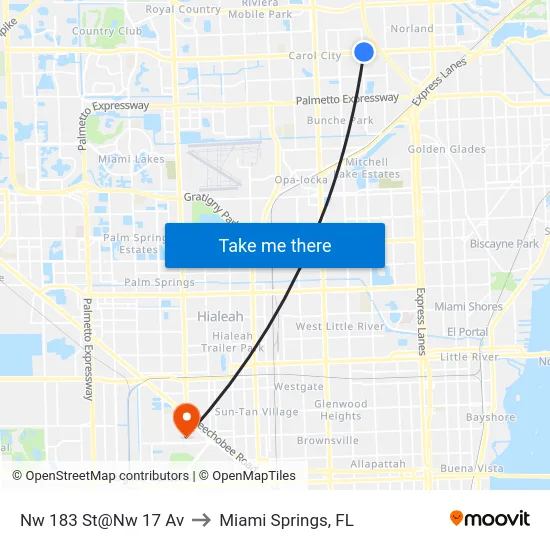 Nw 183 St@Nw 17 Av to Miami Springs, FL map