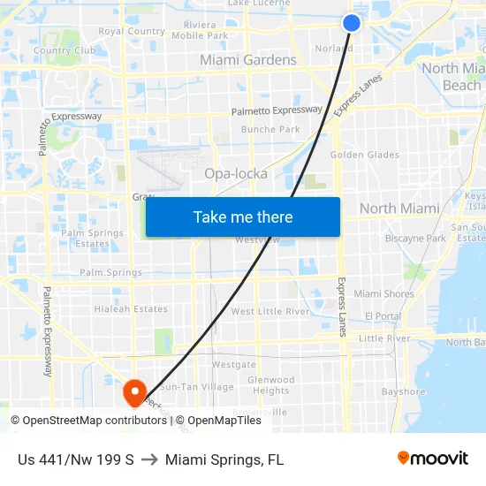 Us 441/Nw 199 S to Miami Springs, FL map