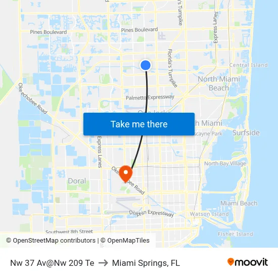 Nw 37 Av@Nw 209 Te to Miami Springs, FL map