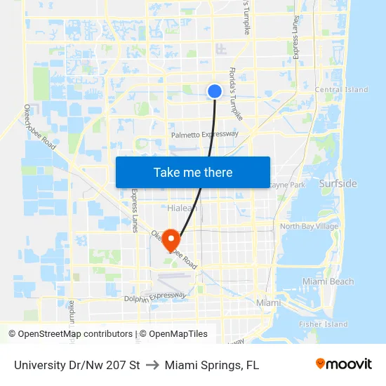 University Dr/Nw 207 St to Miami Springs, FL map