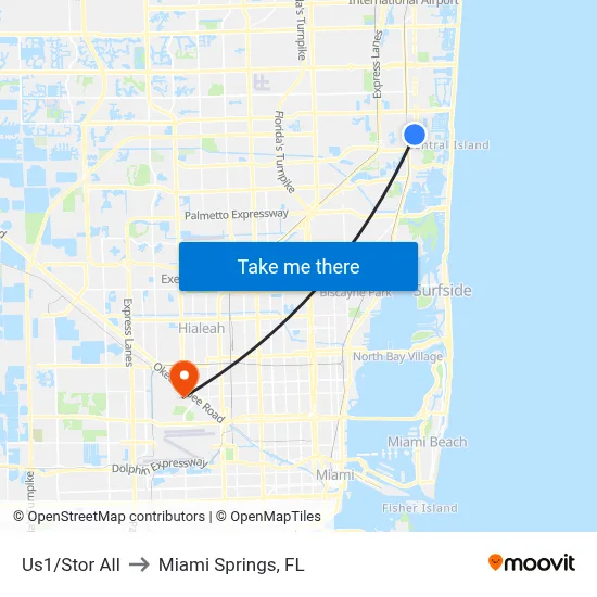 Us1/Stor All to Miami Springs, FL map