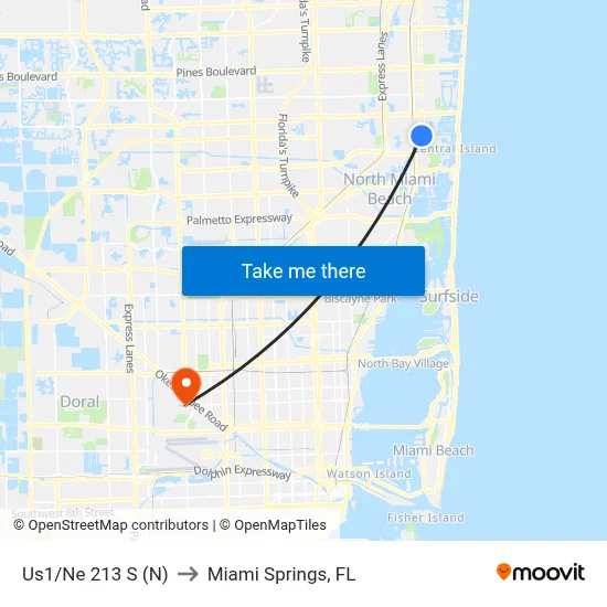 Us1/Ne 213 S (N) to Miami Springs, FL map