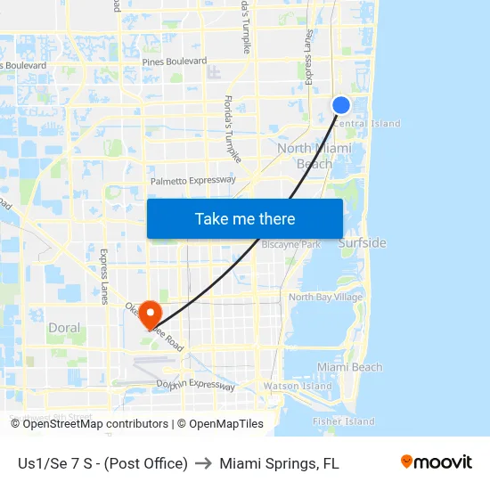 Us1/Se 7 S - (Post Office) to Miami Springs, FL map