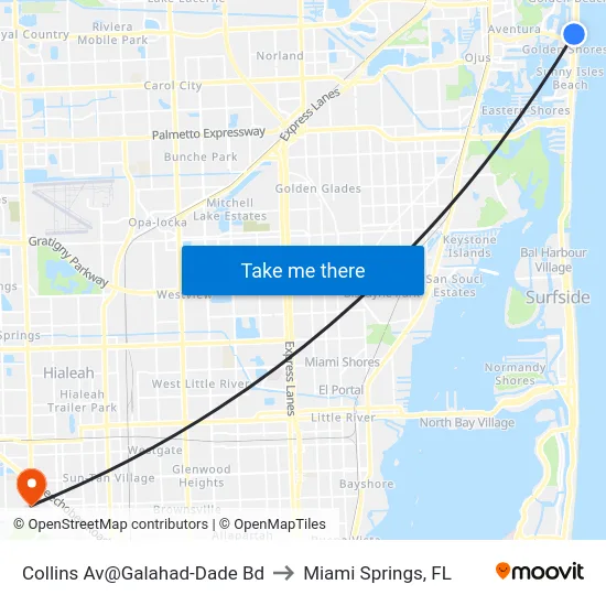 Collins Av@Galahad-Dade Bd to Miami Springs, FL map