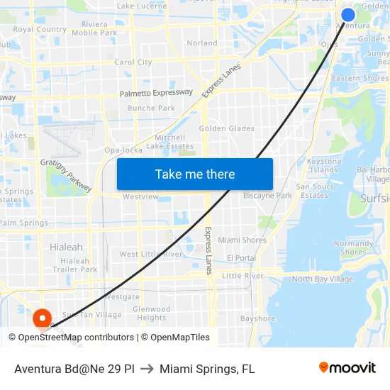 Aventura Bd@Ne 29 Pl to Miami Springs, FL map