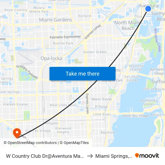 W Country Club Dr@Aventura Mall Ent to Miami Springs, FL map