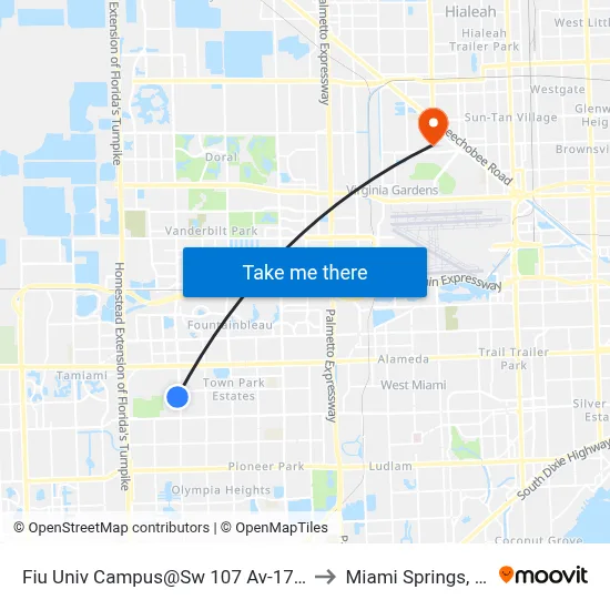 Fiu Univ Campus@Sw 107 Av-17 St to Miami Springs, FL map