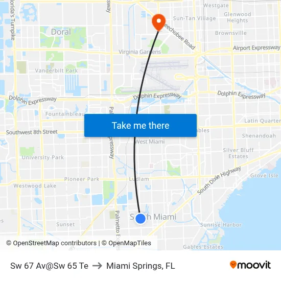 Sw 67 Av@Sw 65 Te to Miami Springs, FL map