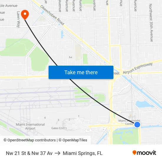 Nw 21 St & Nw 37 Av to Miami Springs, FL map
