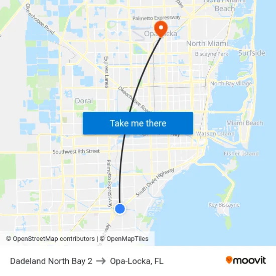 Dadeland North Bay 2 to Opa-Locka, FL map