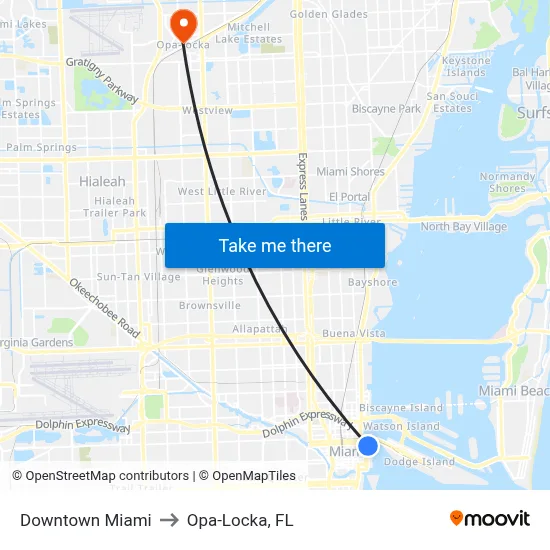 Downtown Miami to Opa-Locka, FL map