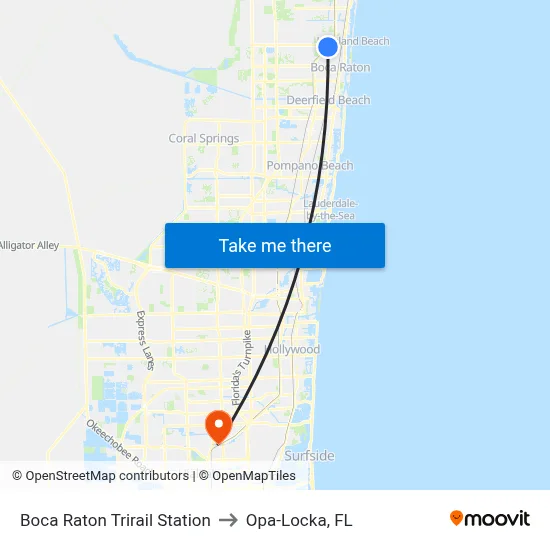 Boca Raton Trirail Station to Opa-Locka, FL map