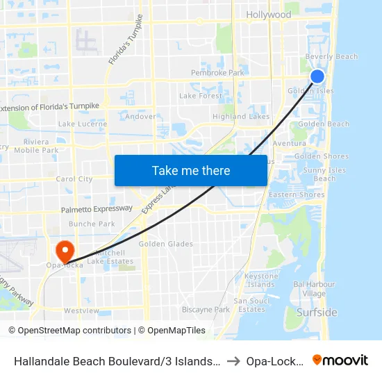 Hallandale Beach Boulevard/3 Islands Boulevard to Opa-Locka, FL map