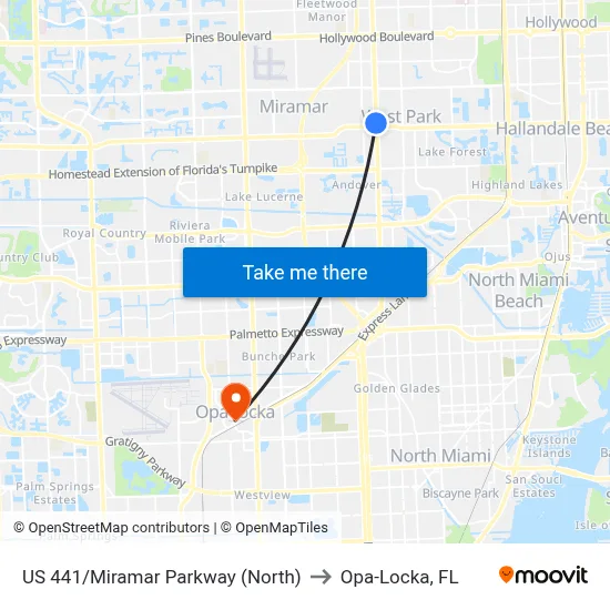 US 441/Miramar Parkway (North) to Opa-Locka, FL map