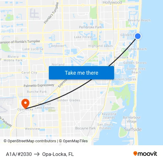 A1A/#2030 to Opa-Locka, FL map