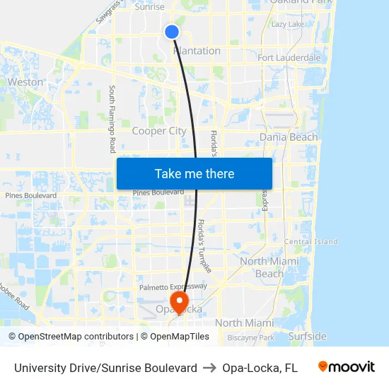 University Drive/Sunrise Boulevard to Opa-Locka, FL map