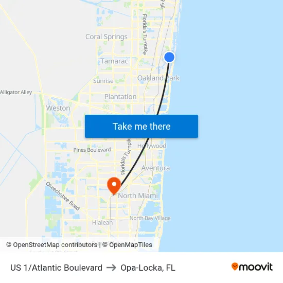 US 1/Atlantic Boulevard to Opa-Locka, FL map