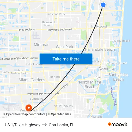 US 1/Dixie Highway to Opa-Locka, FL map