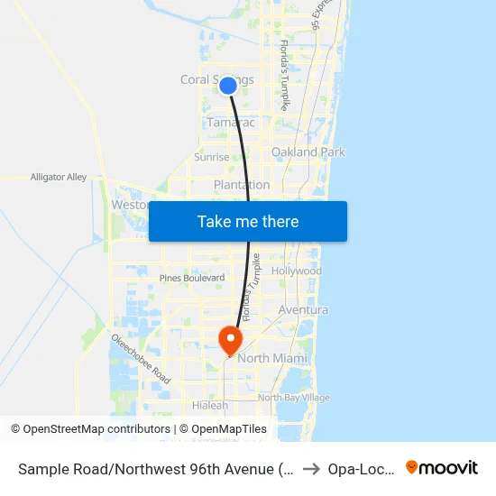 Sample Road/Northwest 96th Avenue (Coral Hills Drive) to Opa-Locka, FL map