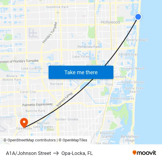 A1A/Johnson Street to Opa-Locka, FL map