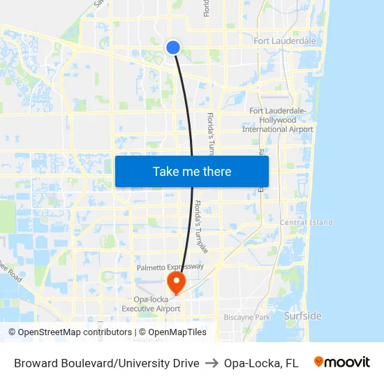 Broward Boulevard/University Drive to Opa-Locka, FL map
