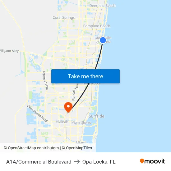 A1A/Commercial Boulevard to Opa-Locka, FL map