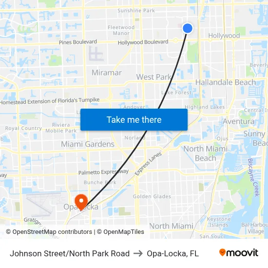 Johnson Street/North Park Road to Opa-Locka, FL map