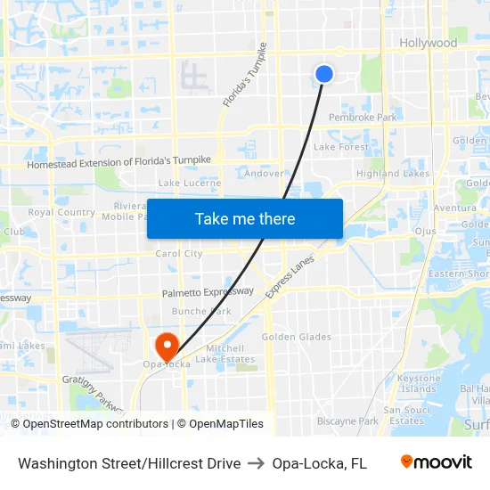 Washington Street/Hillcrest Drive to Opa-Locka, FL map