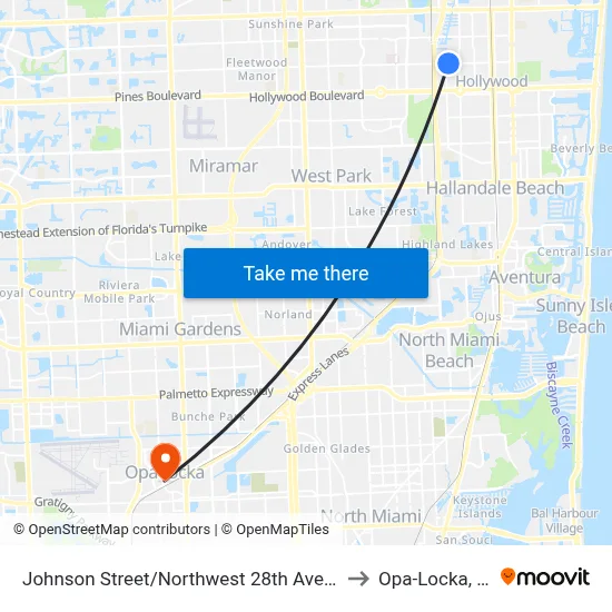 Johnson Street/Northwest 28th Avenue to Opa-Locka, FL map