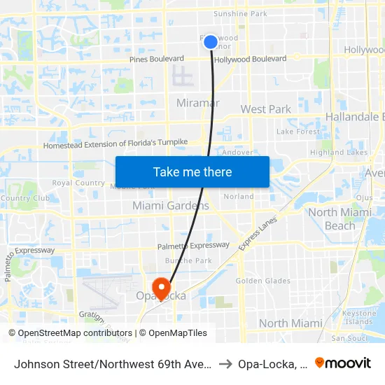 Johnson Street/Northwest 69th Avenue to Opa-Locka, FL map