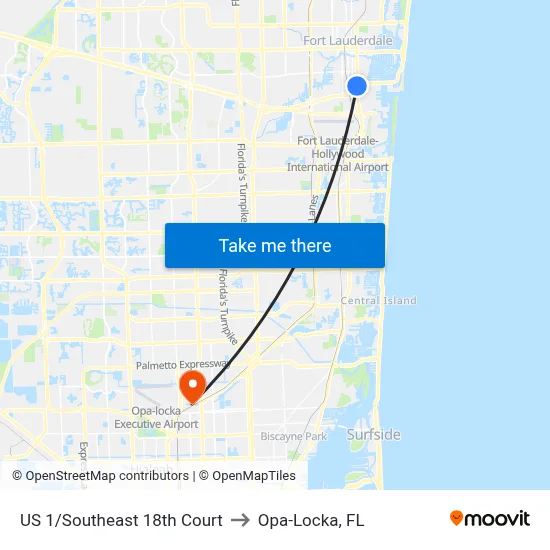 US 1/Southeast 18th Court to Opa-Locka, FL map