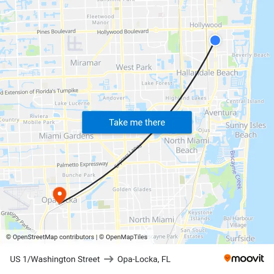 US 1/Washington Street to Opa-Locka, FL map